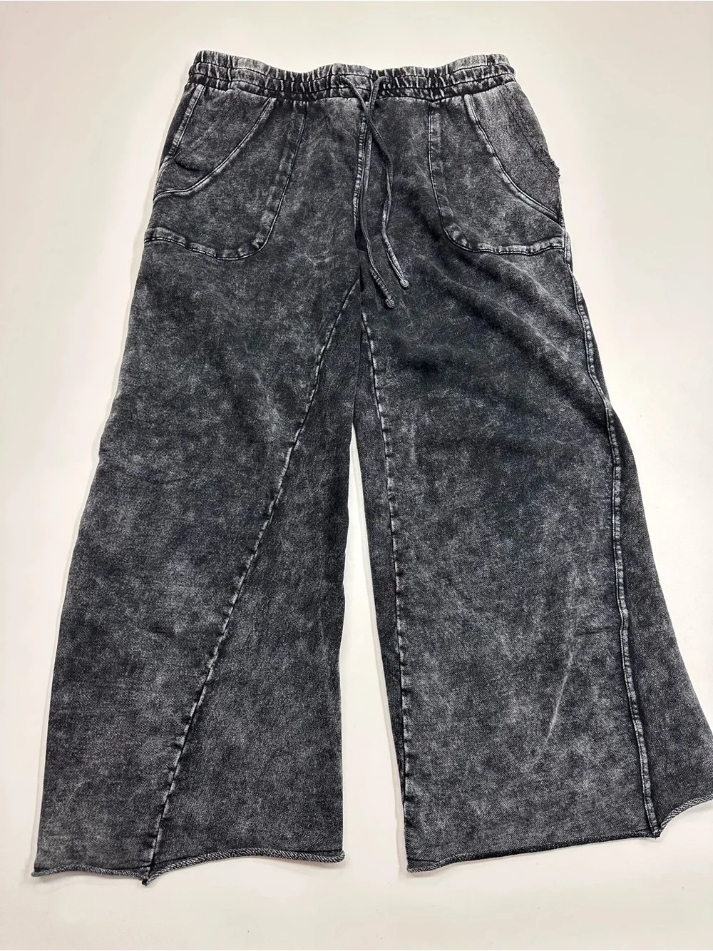 Lazy Sunday Washed Black Wide-Leg Crop Cotton Pants Drawstring Waist Size Large